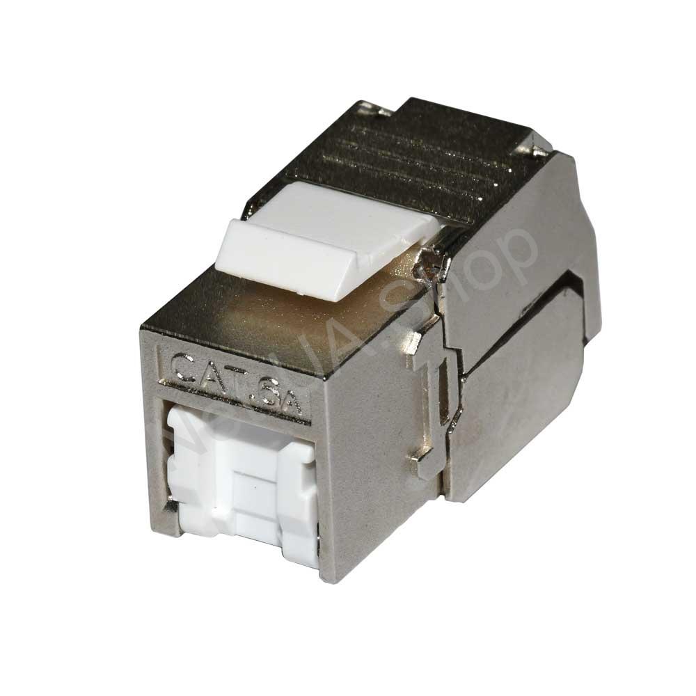 FTP-Cat_6a-keystone-jack-with-dust-shutter-01 Модуль Cat.6A Keystone RJ-45 металевий із захисною кришкою від пилу (безінструментальний) - Зображення 1